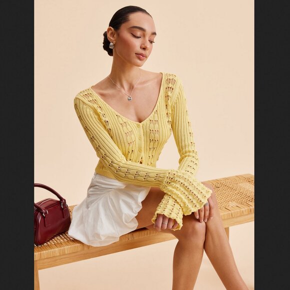 Commense Medium Yellow Bell Sleeve Crochet Knit Cardigan Sweater NEW NWT - Picture 2 of 3